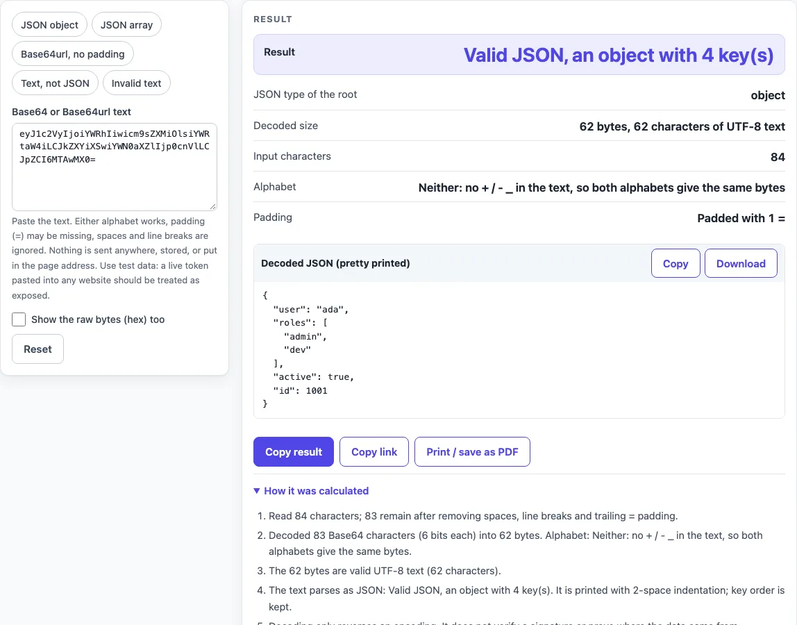 Base64 to json example