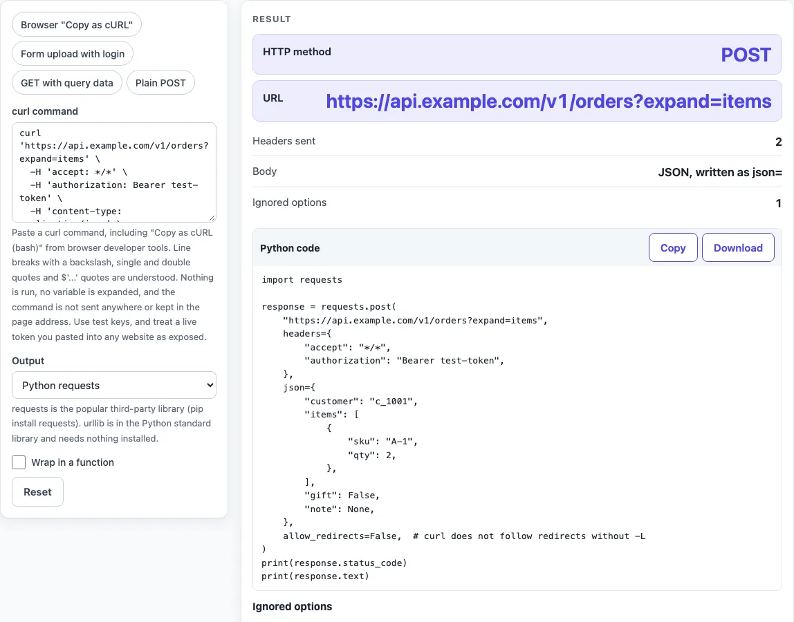 Curl to python example
