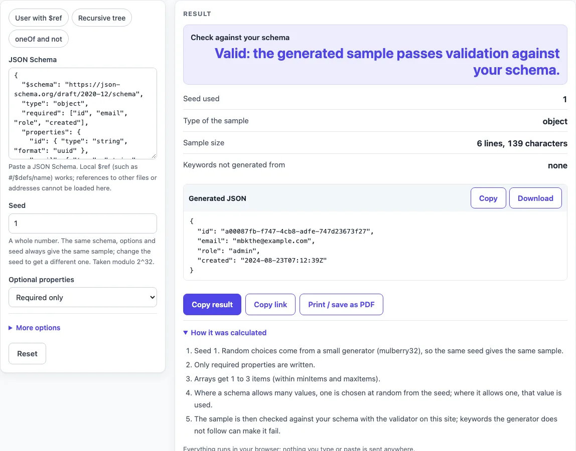 Generate json from json schema example