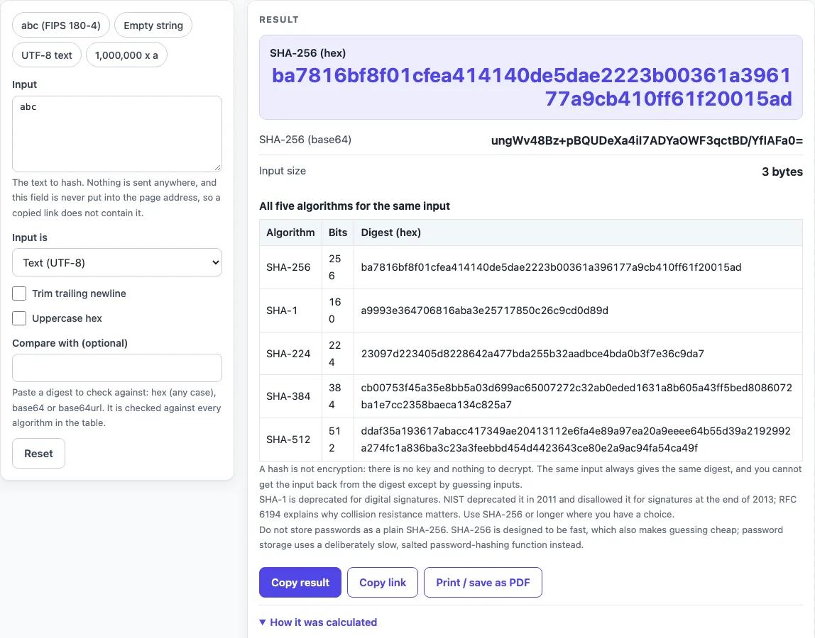 Hash 256 online example