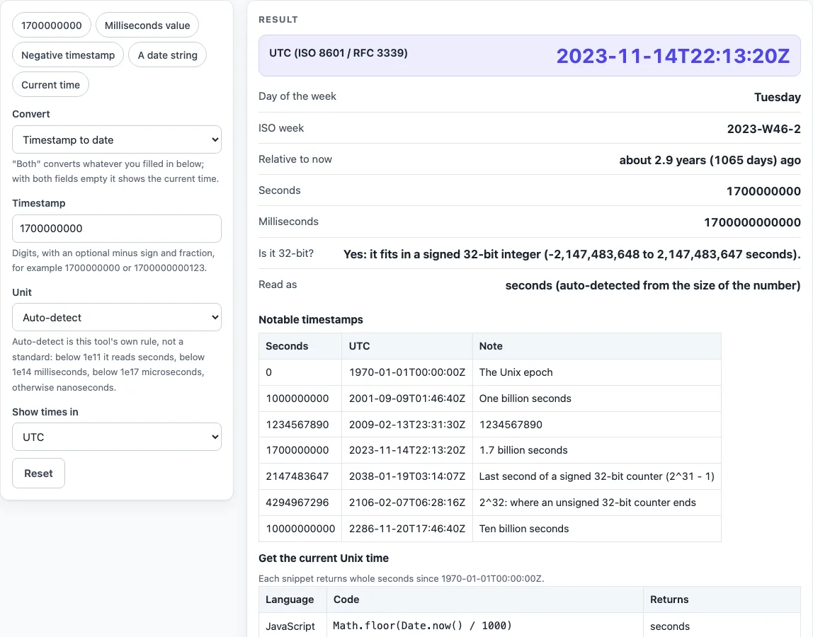 Unix timestamp converter example