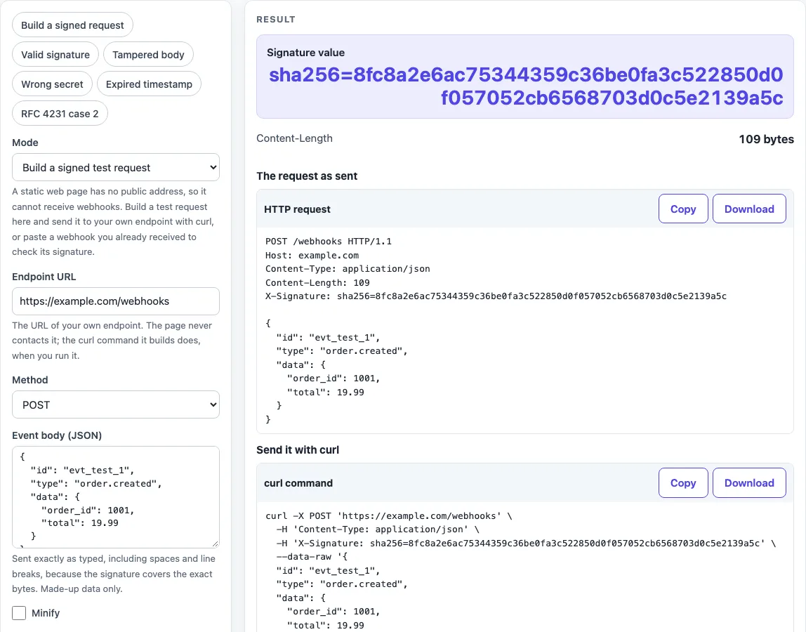 Webhook tester example